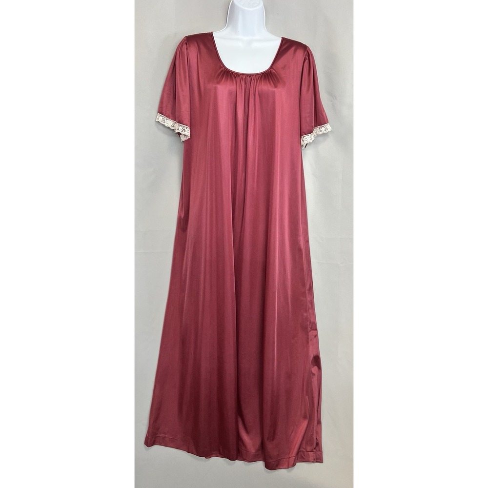 Vintage Maxi Nightgown Pink Red Lace‎ Embroidered Sz Large Y2K Made USA